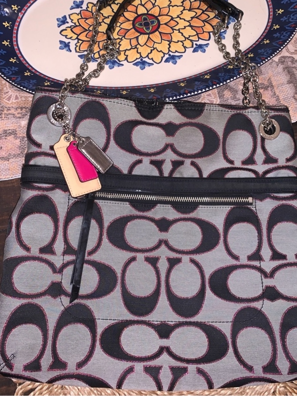 Authentic Coach Gray and Black Signature Canvas Shoulder Bag with Charm Tags